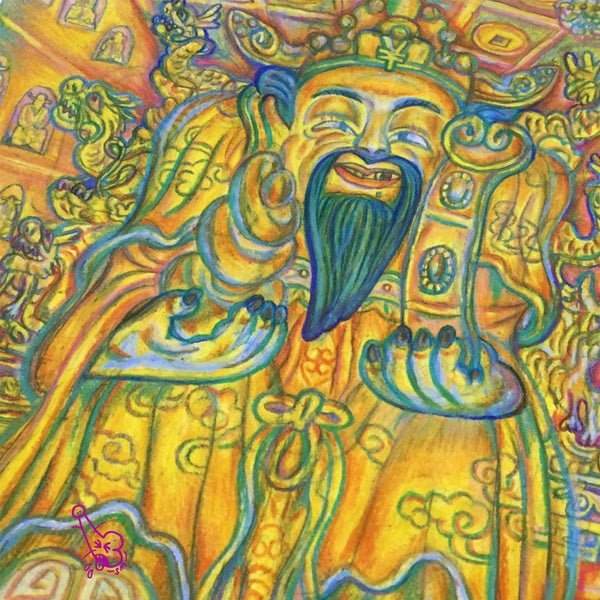 Close-up of contemporary God of Wealth art in Fortune’s Arrival
