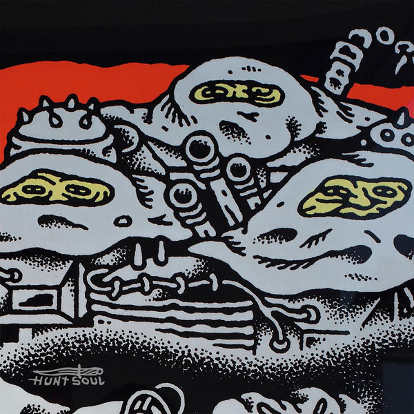 Close-up of Positive Suspect artwork showing facial ambiguity and texture
