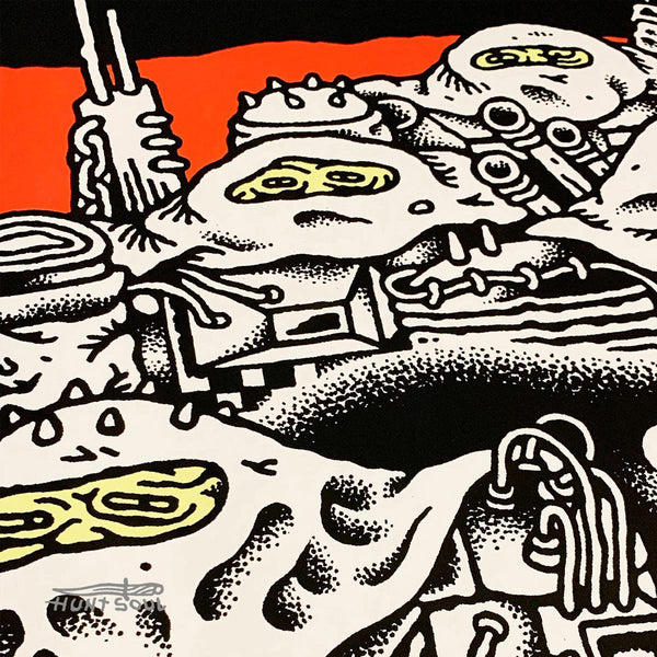 Close-up of Positive Suspect artwork showing facial ambiguity and texture
