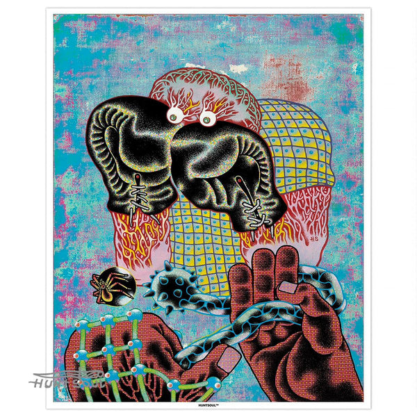 The Fallen King art print by Huntsoul – fictional figure with boxing gloves in defense pose
