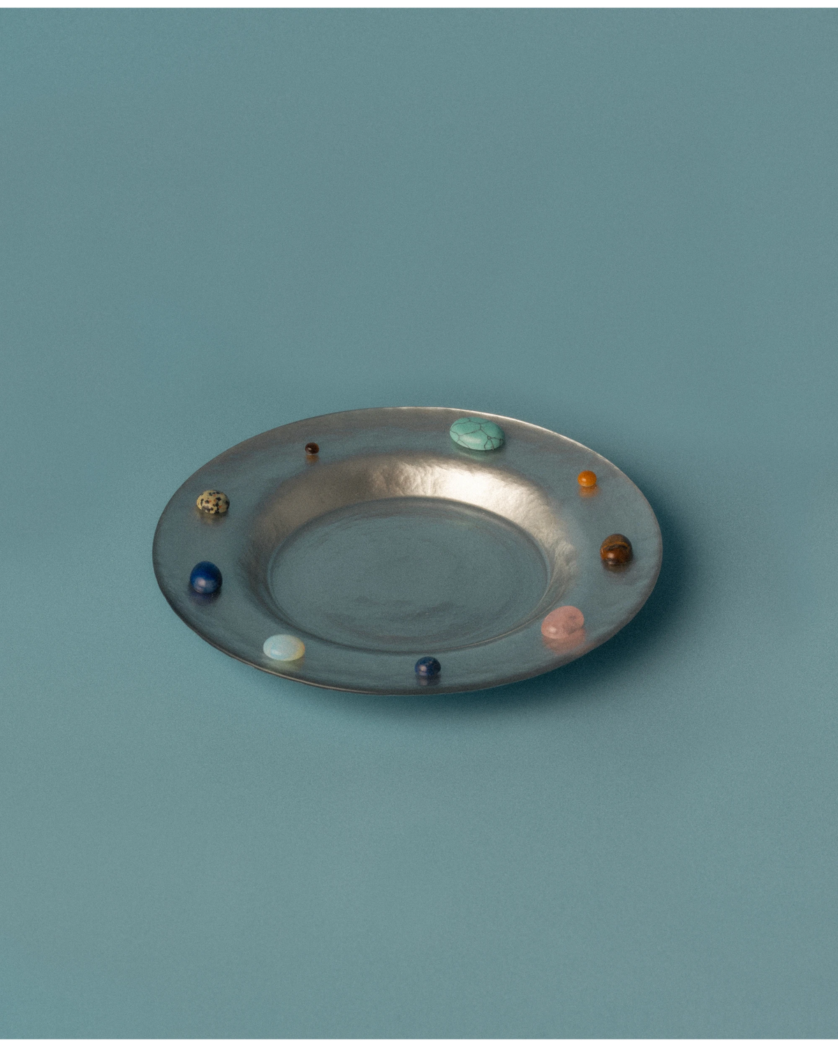 Silver Glass Plate with Natural and Decorative Stones