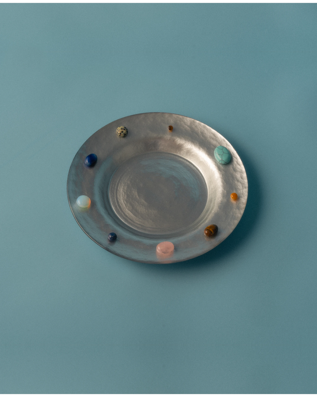 Silver Glass Plate with Natural and Decorative Stones