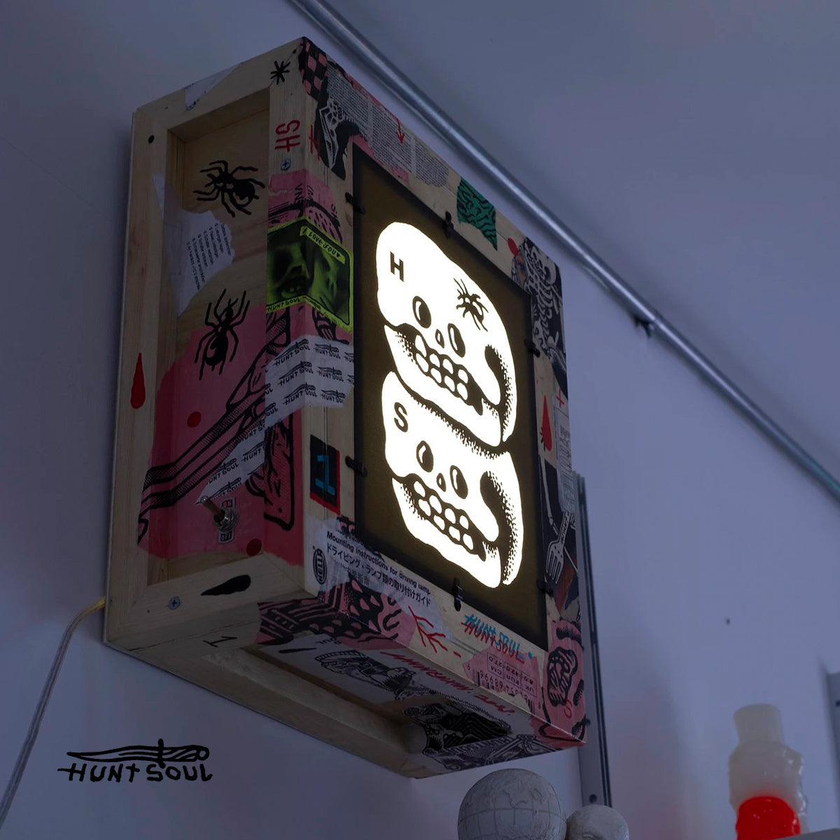 Side view of custom lacquered wood frame used in Huntsoul light art piece